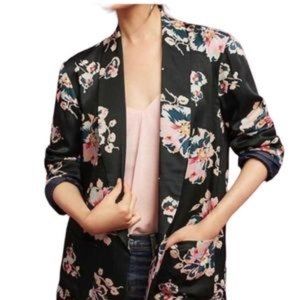 Anthropologie Ett:Twa Black & Pink Floral Tatie Satin Open Blazer Jacket Size M